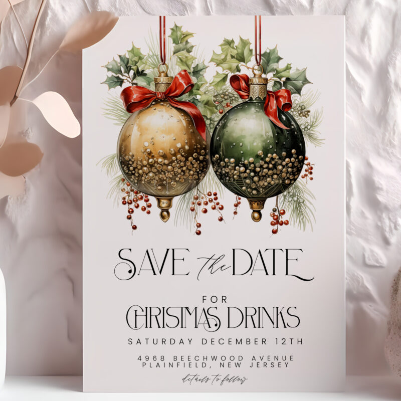 Editable Christmas save the date invitation with gold and green ornaments, holly, and festive design