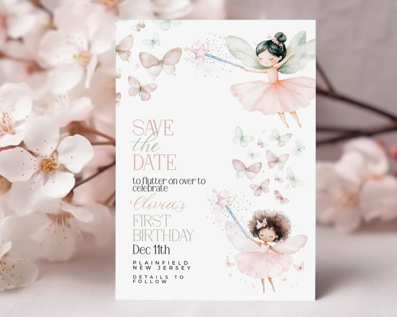 Fairy Save the Date – First Birthday Party Card Save The Date
