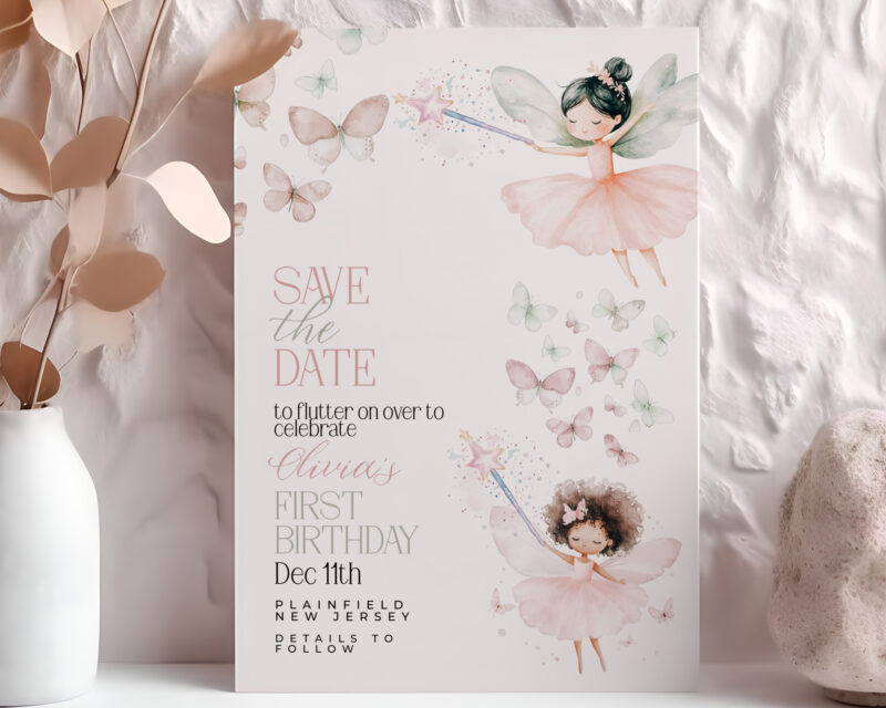 Fairy Save the Date – First Birthday Party Card Save The Date