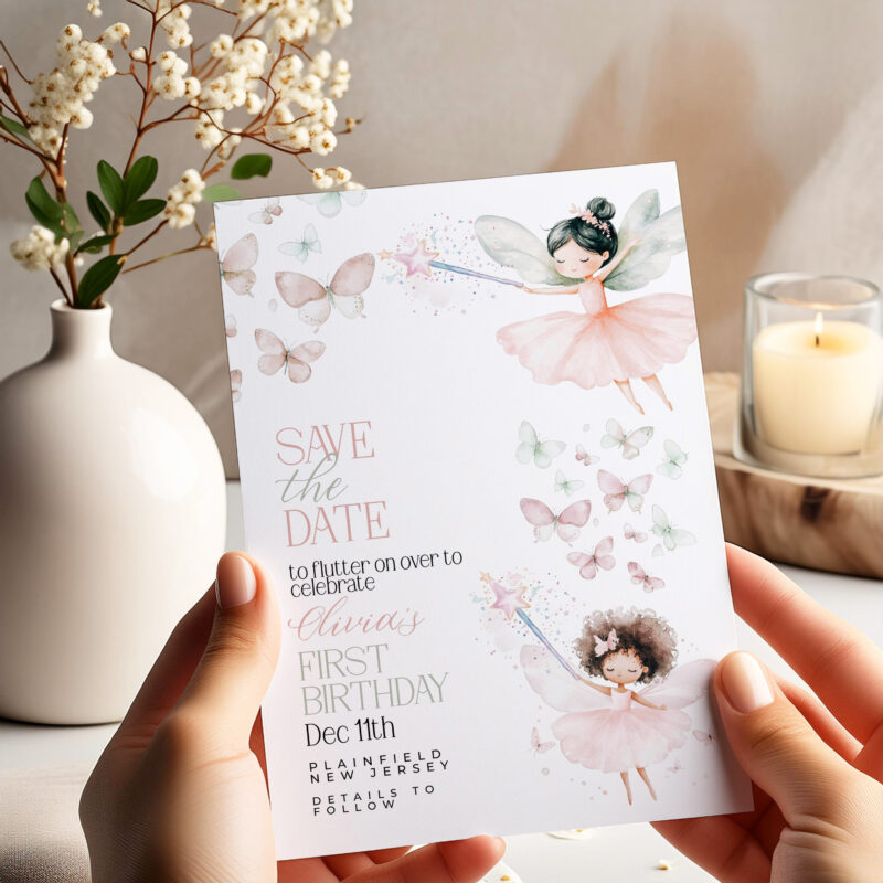 Fairy Save the Date – First Birthday Party Card Save The Date