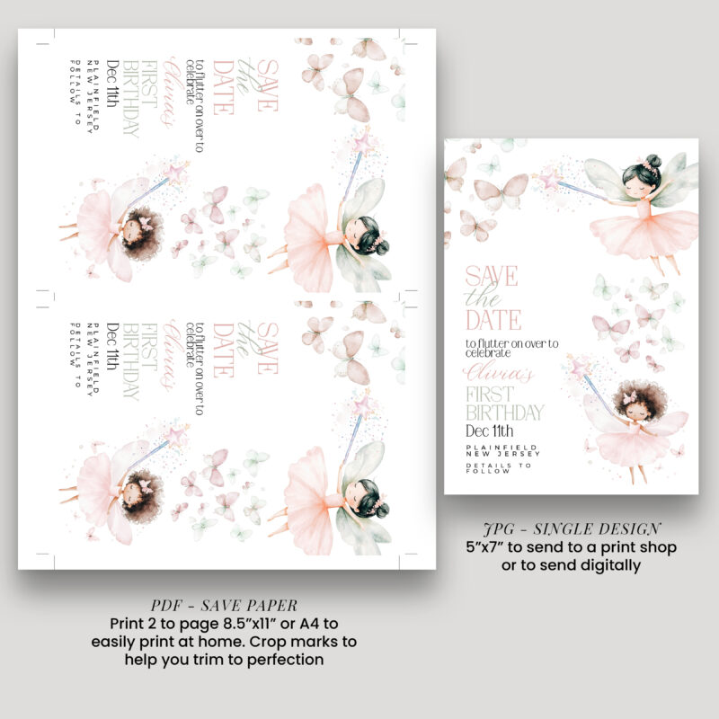 Fairy Save the Date – First Birthday Party Card Save The Date