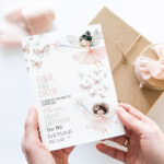 Watercolor fairy Save the Date card for baby girl’s first birthday with butterflies and magic wand illustration
