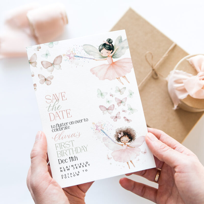 Watercolor fairy Save the Date card for baby girl’s first birthday with butterflies and magic wand illustration