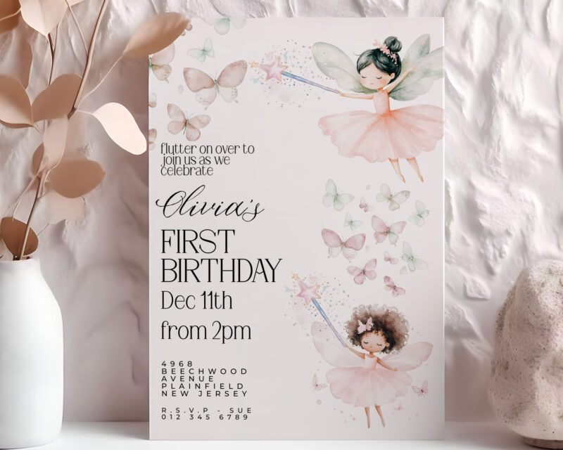Editable Fairy 1st Birthday Invitation – Whimsical Girl Party Template Children's Birthday Invitations