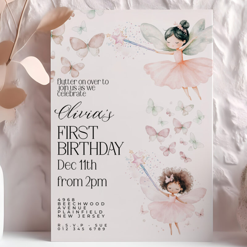 Editable fairy first birthday invitation with watercolor butterflies and pastel fairy illustrations