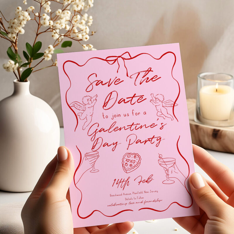 Galentine’s Day Save the Date – Pink & Red Digital Card Other Invitations