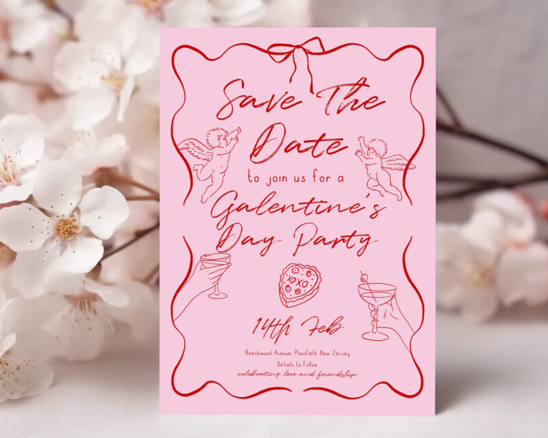 Galentine’s Day Save the Date – Pink & Red Digital Card Other Invitations