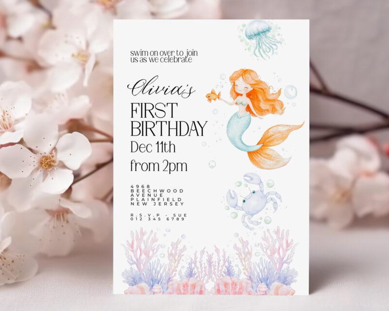 Editable Mermaid 1st Birthday Invitation – Under the Sea Theme Children's Birthday Invitations