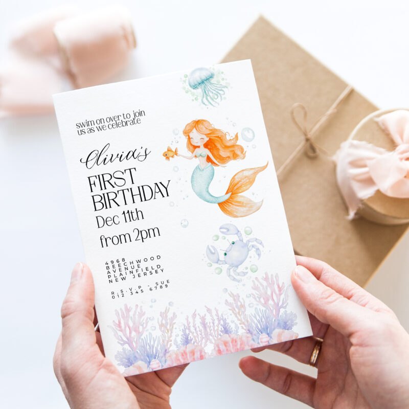 Editable Mermaid 1st Birthday Invitation – Under the Sea Theme Children's Birthday Invitations