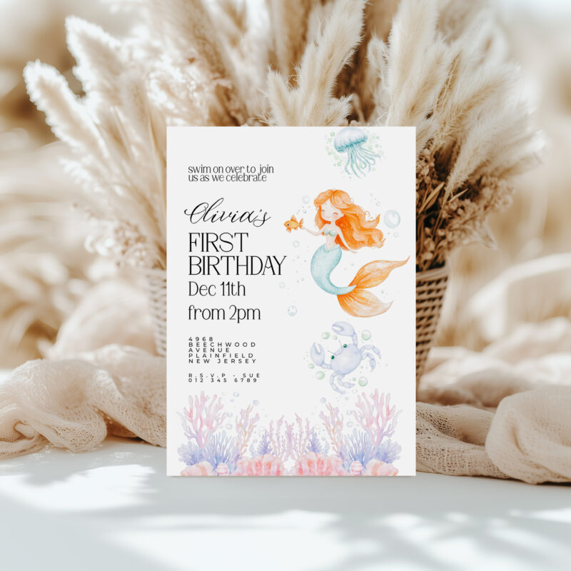 Editable Mermaid 1st Birthday Invitation – Under the Sea Theme Children's Birthday Invitations