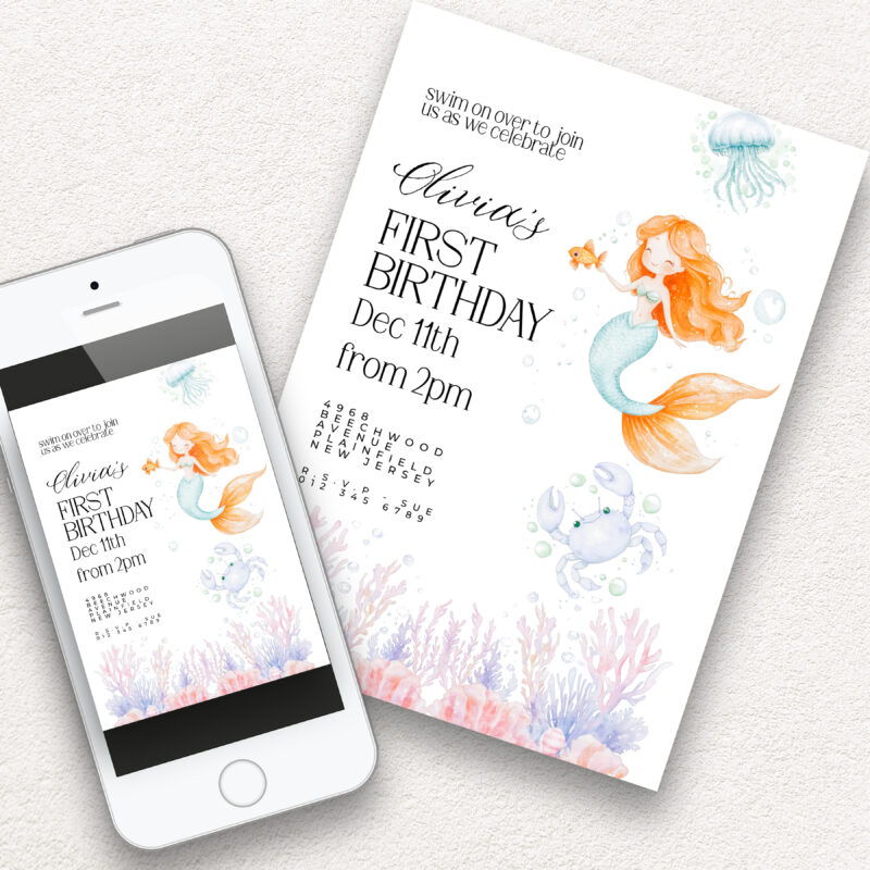 Editable Mermaid 1st Birthday Invitation – Under the Sea Theme Children's Birthday Invitations
