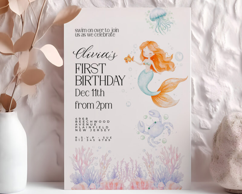 Editable Mermaid 1st Birthday Invitation – Under the Sea Theme Children's Birthday Invitations