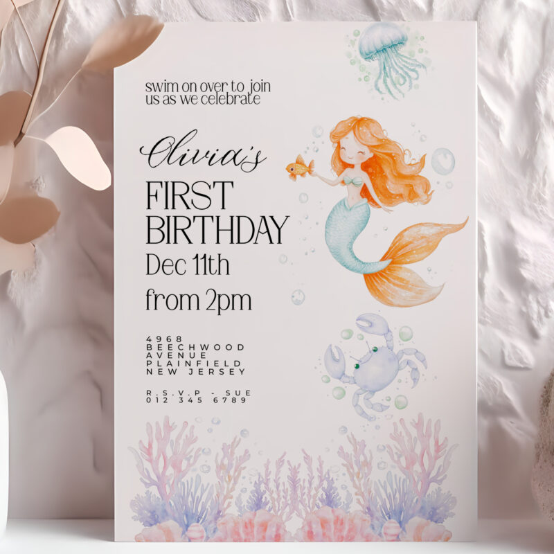 Editable mermaid first birthday invitation with watercolor coral, jellyfish, and under-the-sea artwork