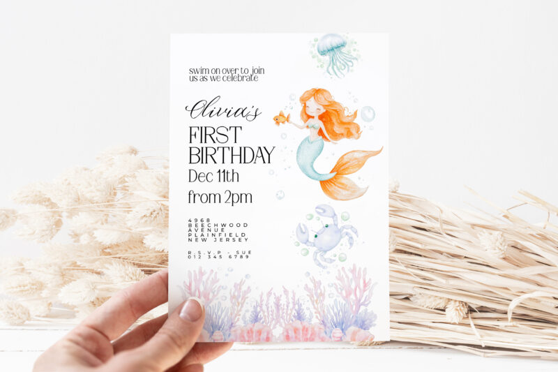 Editable Mermaid 1st Birthday Invitation – Under the Sea Theme Children's Birthday Invitations