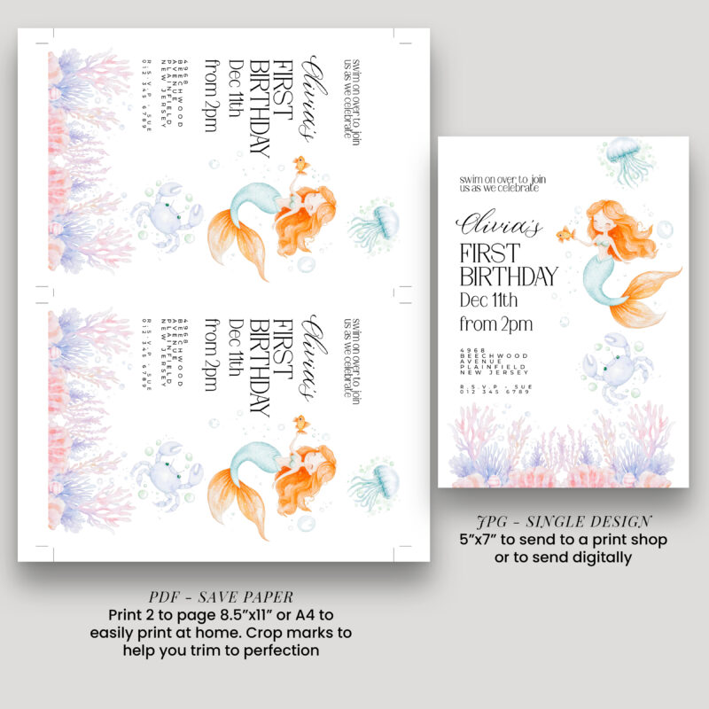 Editable Mermaid 1st Birthday Invitation – Under the Sea Theme Children's Birthday Invitations
