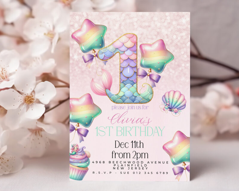 Mermaid 1st Birthday Invitation – Pastel Rainbow Sea Theme Children's Birthday Invitations