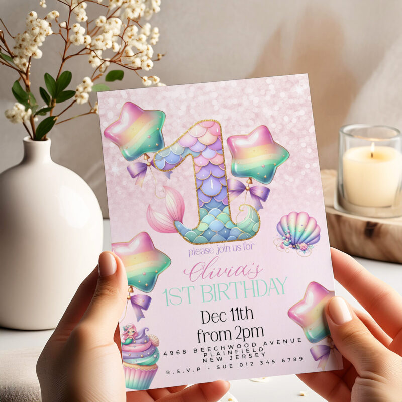 Mermaid 1st Birthday Invitation – Pastel Rainbow Sea Theme Children's Birthday Invitations