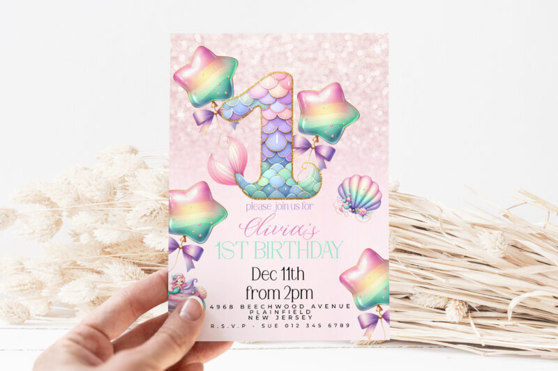 Mermaid 1st Birthday Invitation – Pastel Rainbow Sea Theme Children's Birthday Invitations