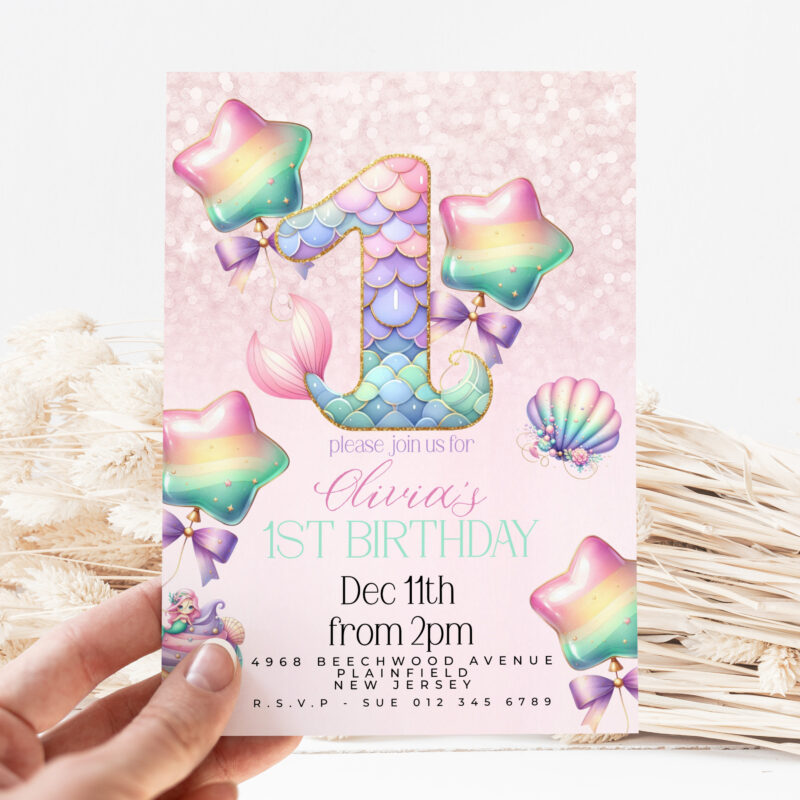 Mermaid 1st Birthday Invitation – Pastel Rainbow Sea Theme Children's Birthday Invitations