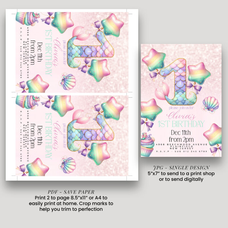 Mermaid 1st Birthday Invitation – Pastel Rainbow Sea Theme Children's Birthday Invitations