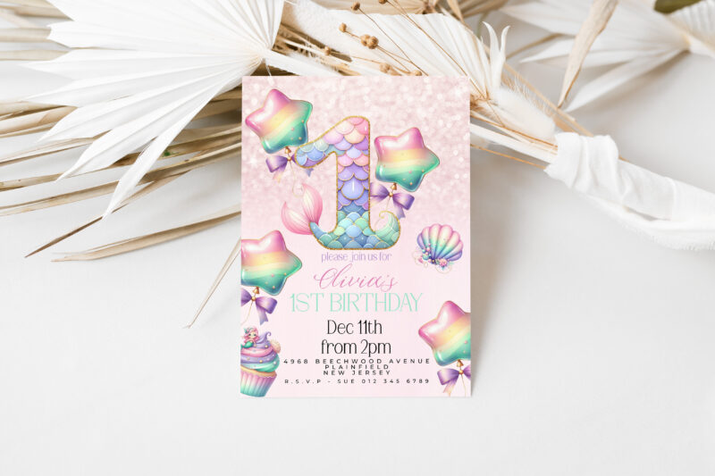 Mermaid 1st Birthday Invitation – Pastel Rainbow Sea Theme Children's Birthday Invitations