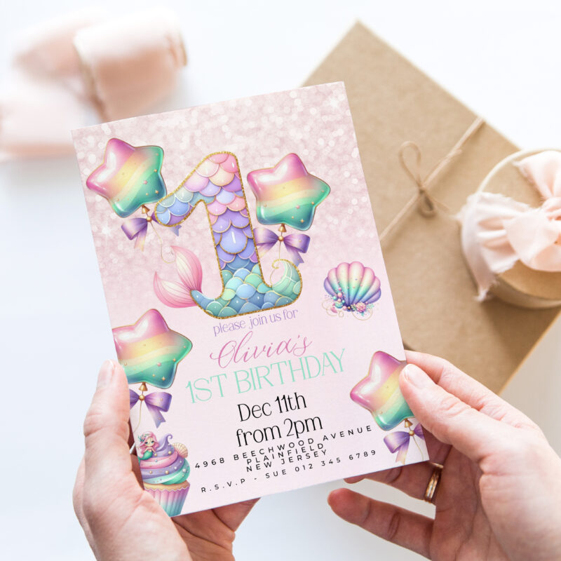 Mermaid 1st Birthday Invitation – Pastel Rainbow Sea Theme Children's Birthday Invitations