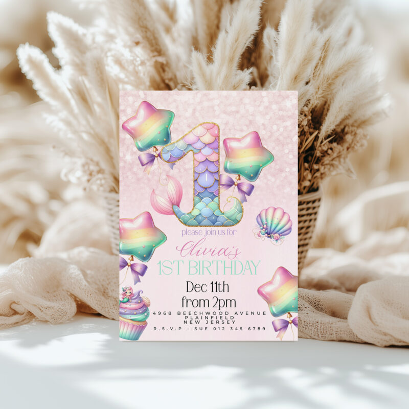 Mermaid 1st Birthday Invitation – Pastel Rainbow Sea Theme Children's Birthday Invitations