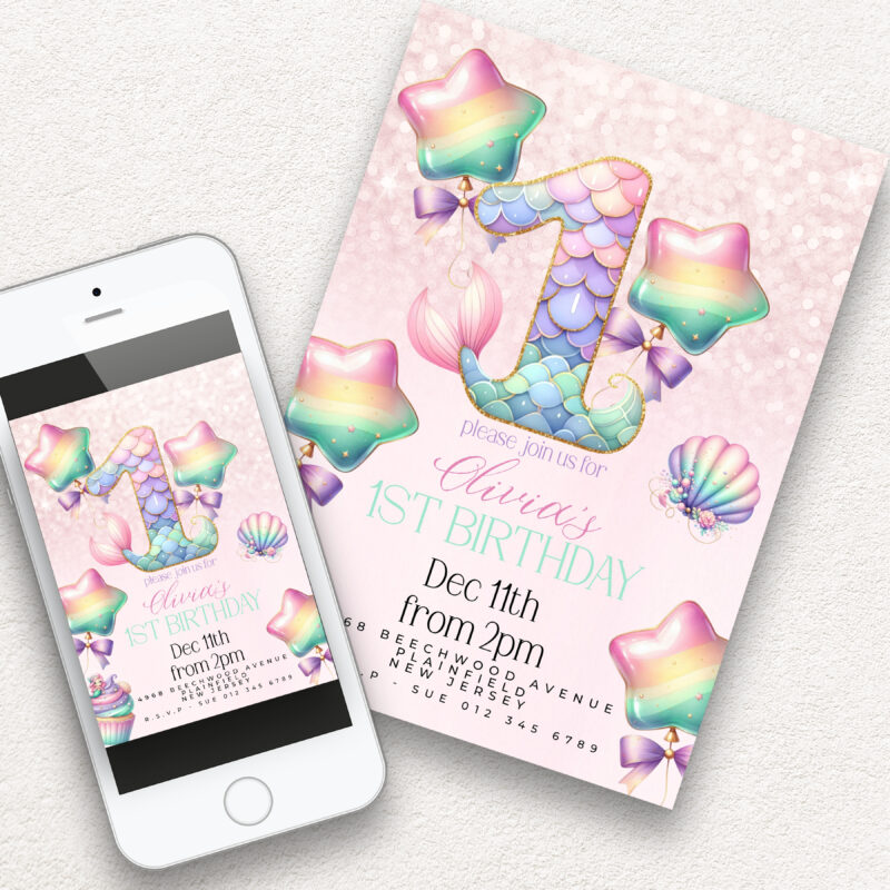 Mermaid 1st Birthday Invitation – Pastel Rainbow Sea Theme Children's Birthday Invitations