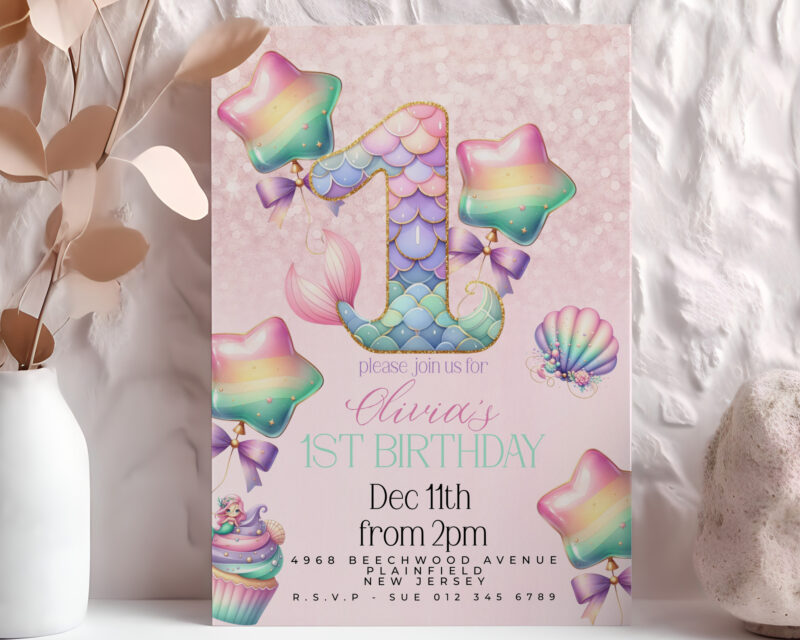 Mermaid 1st Birthday Invitation – Pastel Rainbow Sea Theme Children's Birthday Invitations