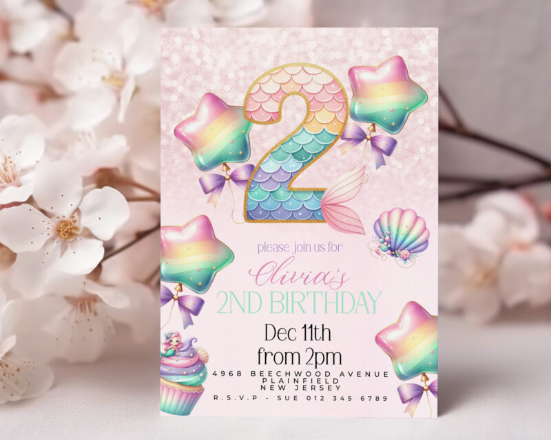 Mermaid 2nd Birthday Invitation – Pastel Rainbow Ocean Theme Children's Birthday Invitations
