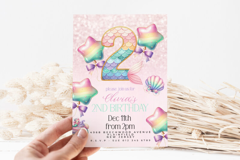 Mermaid 2nd Birthday Invitation – Pastel Rainbow Ocean Theme Children's Birthday Invitations