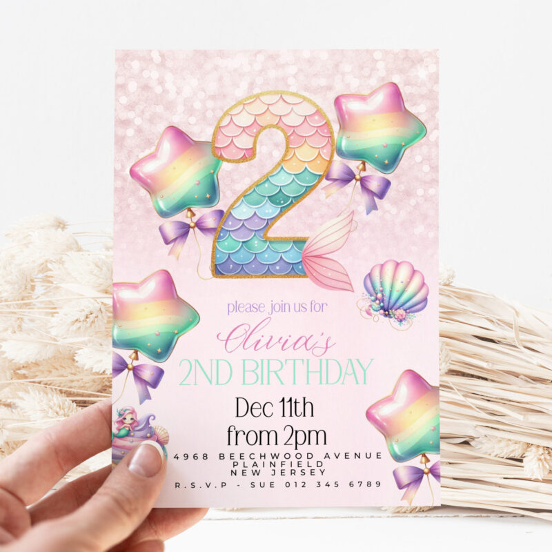 Mermaid 2nd Birthday Invitation – Pastel Rainbow Ocean Theme Children's Birthday Invitations Mermaid 2nd Birthday Invitation – Pastel Rainbow Ocean Theme Children's Birthday Invitations