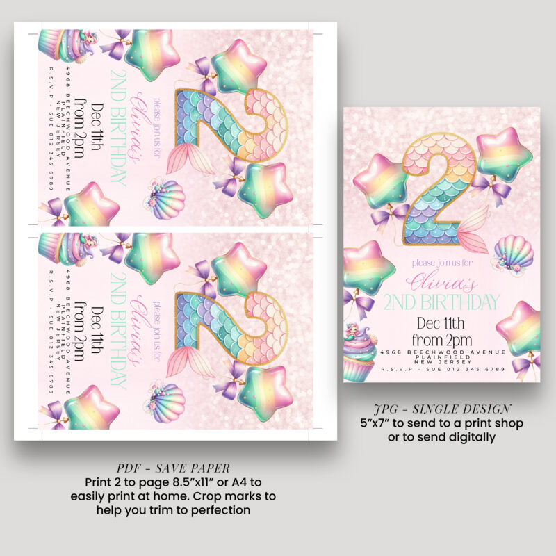 Mermaid 2nd Birthday Invitation – Pastel Rainbow Ocean Theme Children's Birthday Invitations