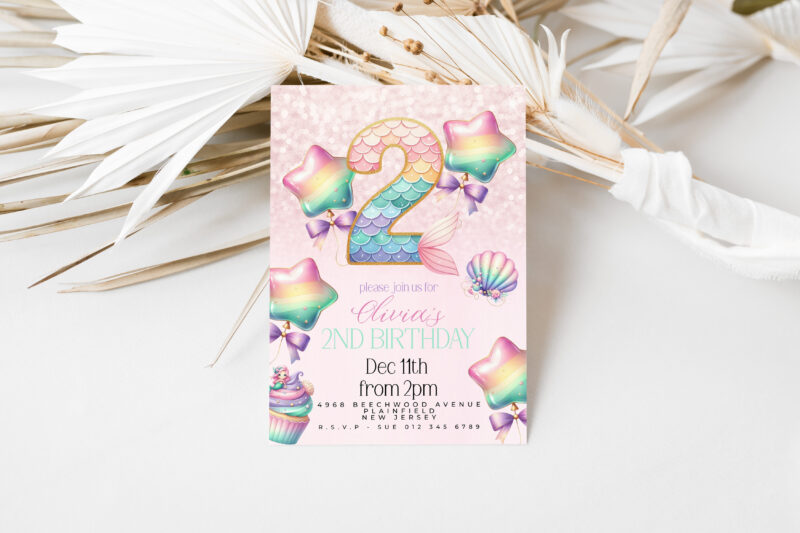 Mermaid 2nd Birthday Invitation – Pastel Rainbow Ocean Theme Children's Birthday Invitations