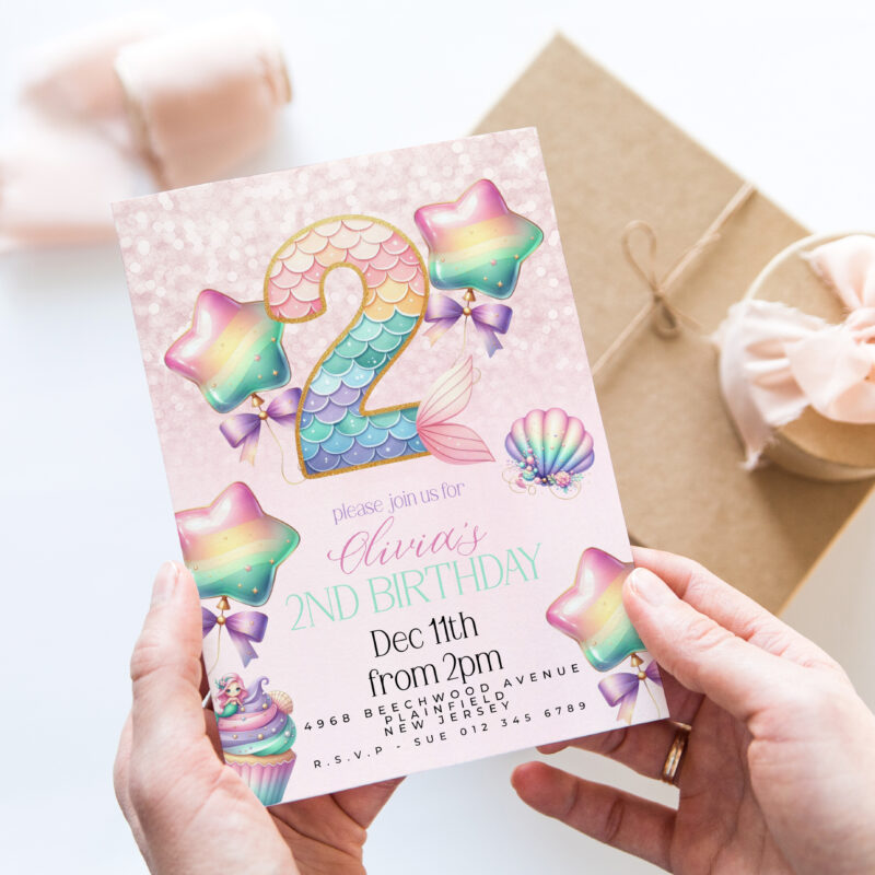 Mermaid 2nd Birthday Invitation – Pastel Rainbow Ocean Theme Children's Birthday Invitations