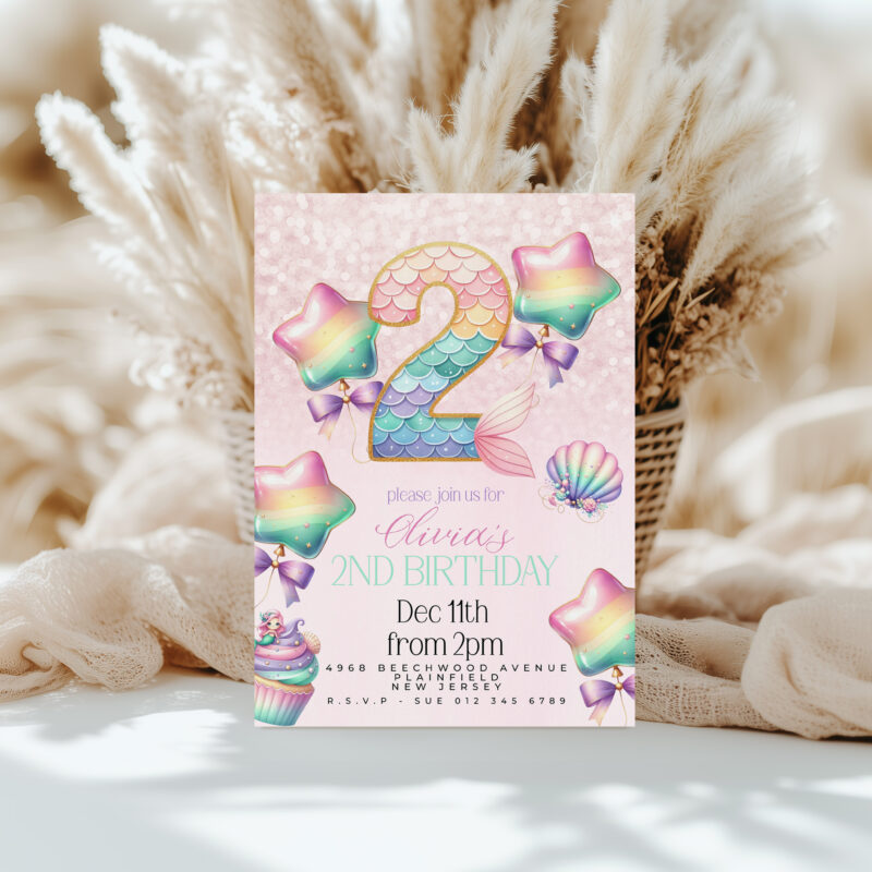 Mermaid 2nd Birthday Invitation – Pastel Rainbow Ocean Theme Children's Birthday Invitations