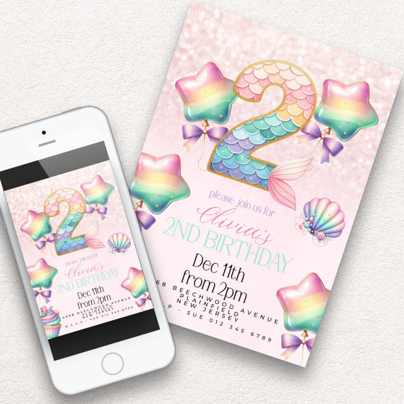 Mermaid 2nd Birthday Invitation – Pastel Rainbow Ocean Theme Children's Birthday Invitations
