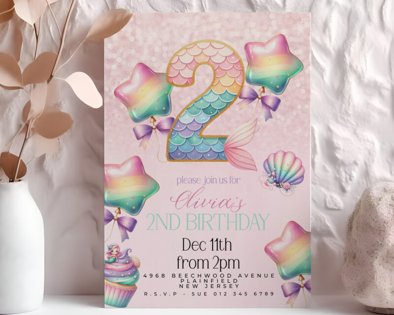 Mermaid 2nd Birthday Invitation – Pastel Rainbow Ocean Theme Children's Birthday Invitations