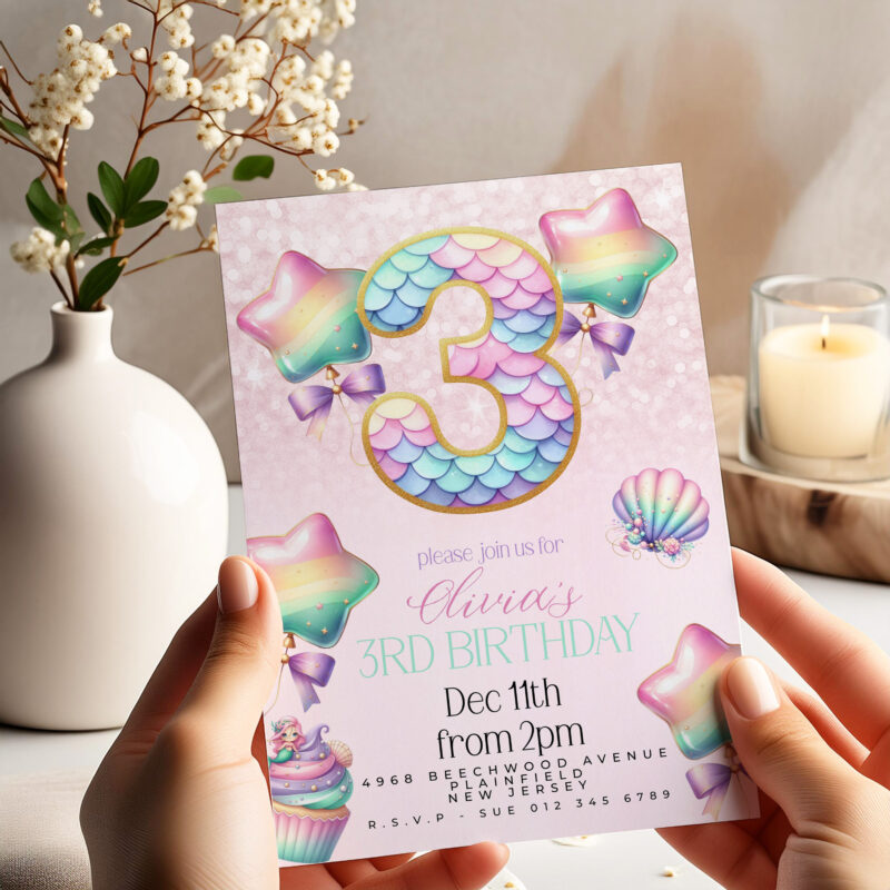 Mermaid 3rd Birthday Invitation – Pastel Rainbow Sea Party Children's Birthday Invitations