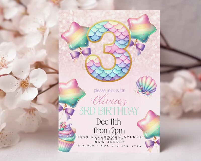 Mermaid 3rd Birthday Invitation – Pastel Rainbow Sea Party Children's Birthday Invitations