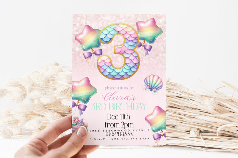 Mermaid 3rd Birthday Invitation – Pastel Rainbow Sea Party Children's Birthday Invitations