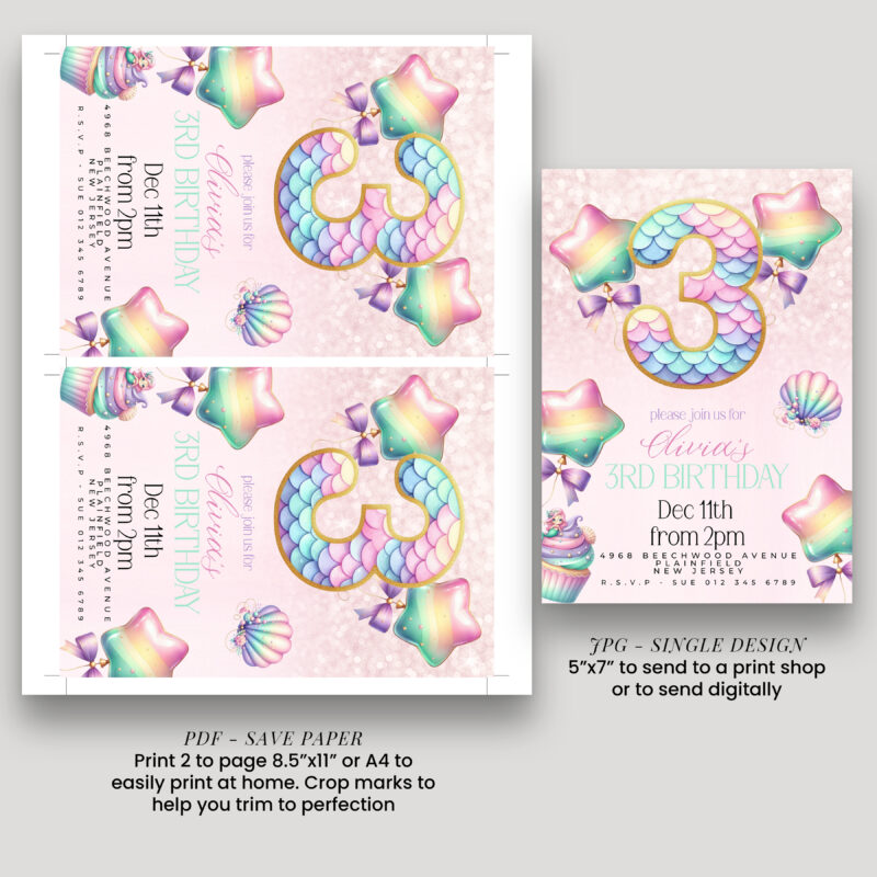 Mermaid 3rd Birthday Invitation – Pastel Rainbow Sea Party Children's Birthday Invitations