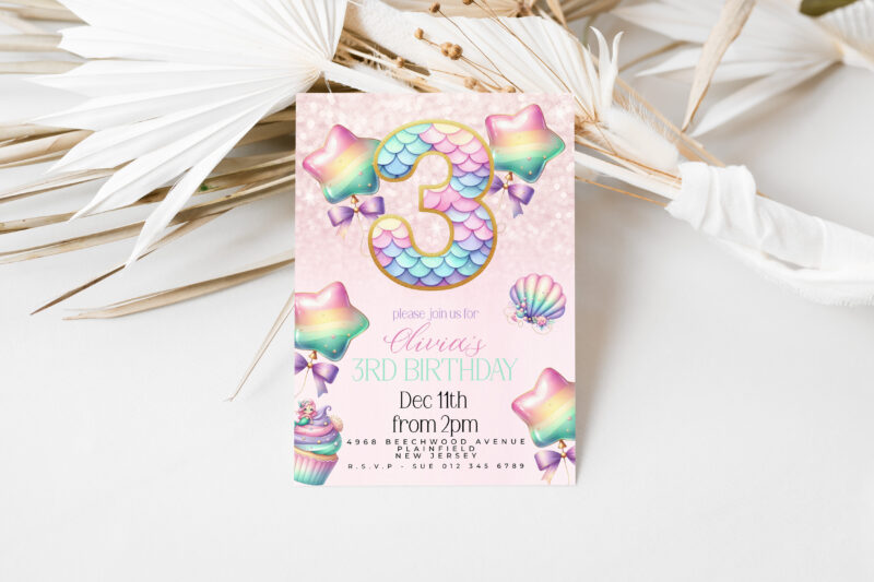 Mermaid 3rd Birthday Invitation – Pastel Rainbow Sea Party Children's Birthday Invitations