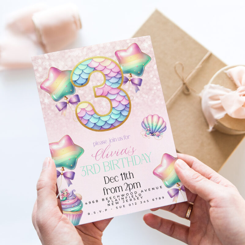 Mermaid 3rd Birthday Invitation – Pastel Rainbow Sea Party Children's Birthday Invitations