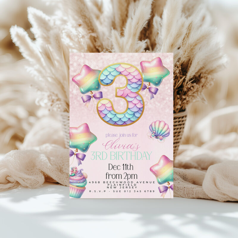 Mermaid 3rd Birthday Invitation – Pastel Rainbow Sea Party Children's Birthday Invitations