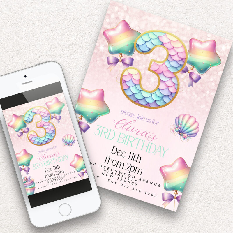 Mermaid 3rd Birthday Invitation – Pastel Rainbow Sea Party Children's Birthday Invitations