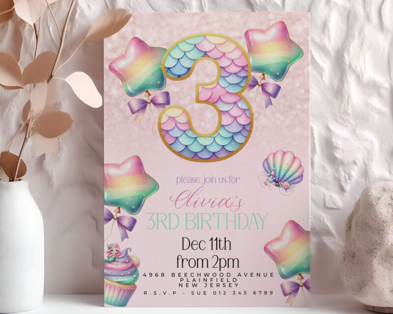 Mermaid 3rd Birthday Invitation – Pastel Rainbow Sea Party Children's Birthday Invitations