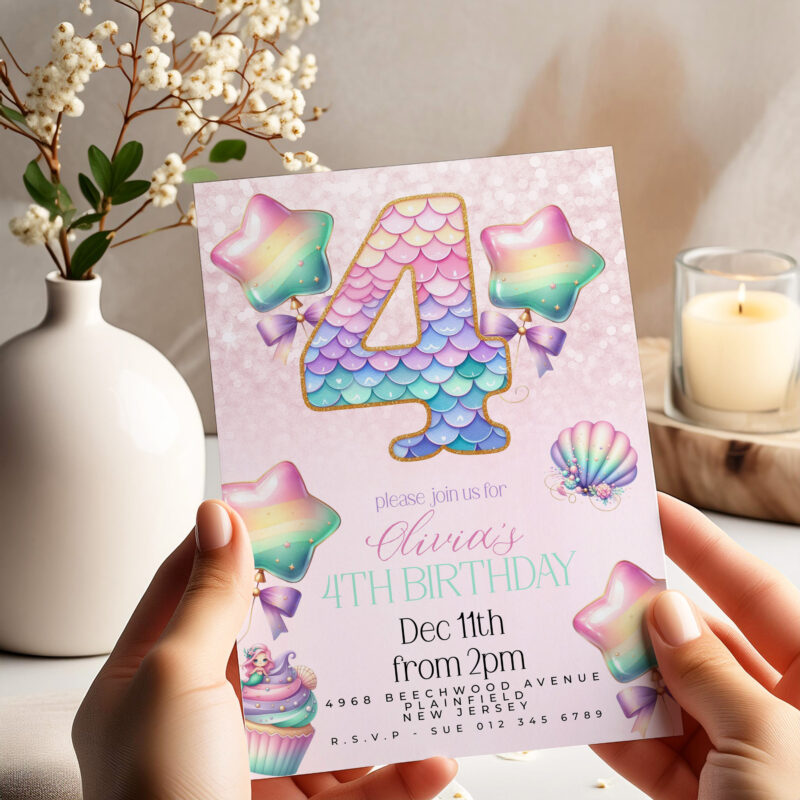 Mermaid 4th Birthday Invitation – Pastel Rainbow Shell Party Children's Birthday Invitations