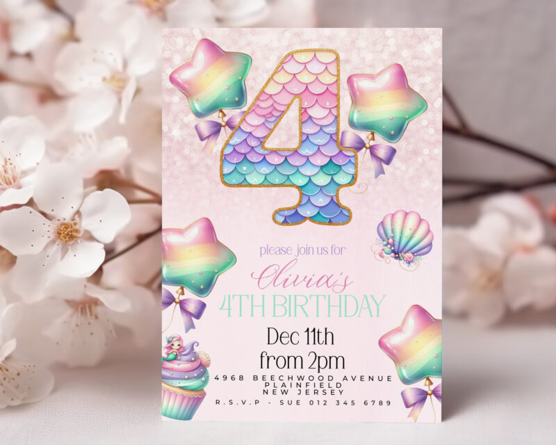 Mermaid 4th Birthday Invitation – Pastel Rainbow Shell Party Children's Birthday Invitations