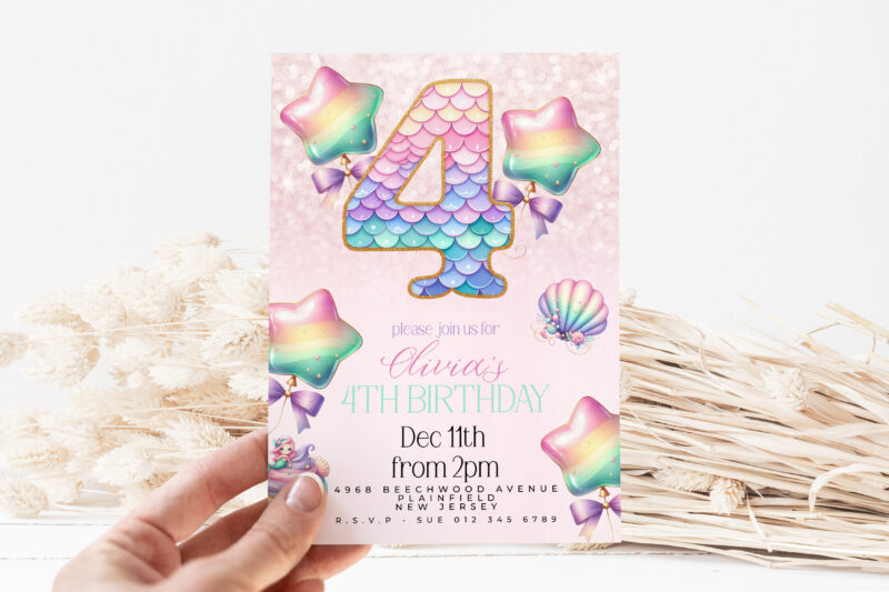 Mermaid 4th Birthday Invitation – Pastel Rainbow Shell Party Children's Birthday Invitations